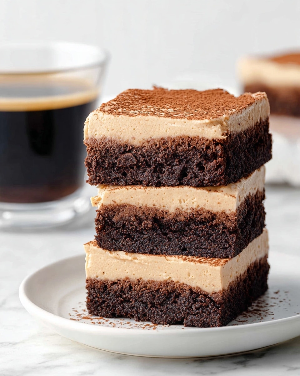 A stack of three square chocolate brownies sits on a white plate with a white marbled texture underneath. Each brownie has two clear layers: a thick, dense, dark brown bottom layer with a moist and slightly crumbly texture, and a smooth, light tan frosting layer on top with a dusting of cocoa powder. The brownies are stacked evenly, and in the background, there is a clear glass cup filled with dark black coffee. The setting is bright and clean, highlighting the rich colors of the dessert photo taken with an iphone --ar 4:5 --v 7