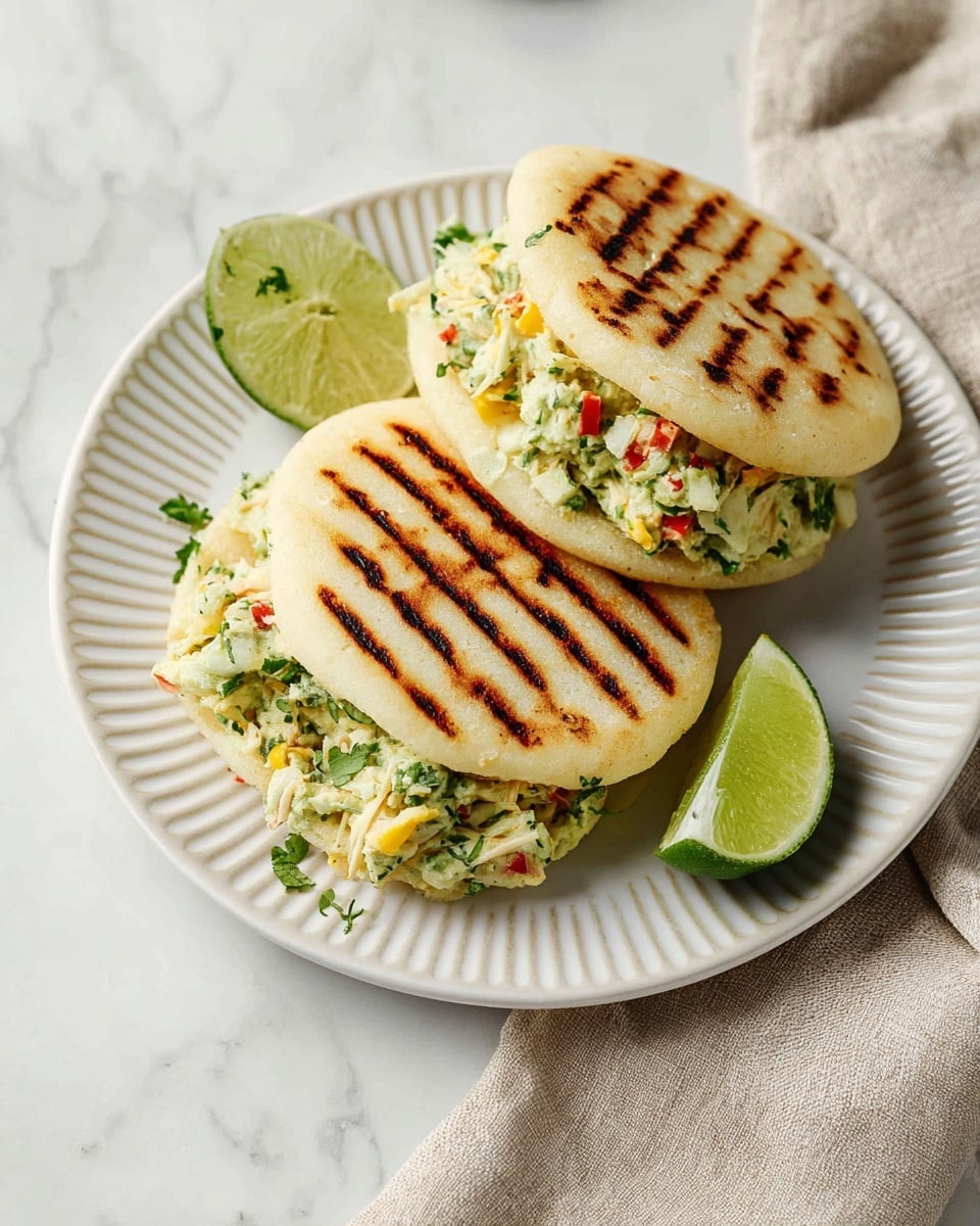 Two round arepas with light golden color and visible grill marks on top are placed on a white plate with ridged patterns, sitting on a white marbled surface. Each arepa is split horizontally and filled generously with a creamy mixture of shredded green and yellow ingredients, small red pieces, and fresh green herbs, showing a textured and chunky filling that slightly overflows from the edges. Two lime wedges with a bright green color rest on the plate beside the arepas, adding a fresh touch to the presentation. A beige cloth is partially visible under the plate on the right side. Photo taken with an iphone --ar 4:5 --v 7