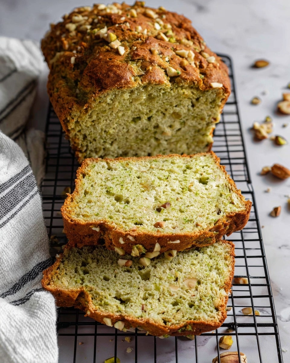 The image shows a loaf of greenish baked bread with a rough brown crust, resting on a black cooling rack placed on a white marbled surface. Three slices of the bread are visible, revealing a moist, porous texture inside with small green and brown bits spread evenly throughout. The top crust is sprinkled with chopped nuts, adding a crunchy texture, and scattered nuts are also seen near the bread on the surface. A white cloth with black stripes is partially visible in the corner, adding to the cozy setting. photo taken with an iphone --ar 4:5 --v 7