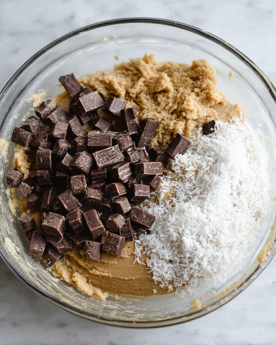 A clear glass bowl with a thick layer of light brown dough at the bottom, topped with a pile of coarse white shredded coconut on the right side and a mix of dark brown round and square chocolate pieces scattered heavily on the left side, all placed on a white marbled surface. photo taken with an iphone --ar 4:5 --v 7
