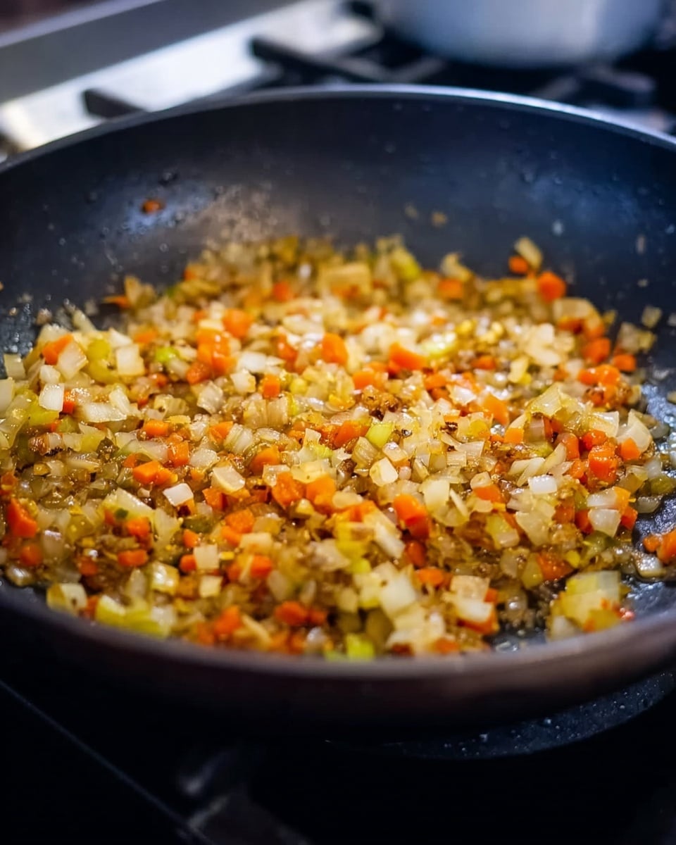 A close-up view of a black frying pan filled with small diced vegetables being cooked. The mixture includes light golden yellow onions, bright orange carrots, and small bits of light brown ingredients, all sautéed together, showing a slight shine from cooking oil. The pan sits on a stove, with the background blurred and focusing on the colorful mix in the center. Photo taken with an iphone --ar 4:5 --v 7