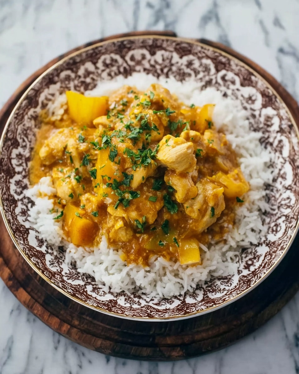 A white plate with a brown intricate pattern around the edge holds a layer of fluffy white rice at the bottom. On top of the rice is a layer of yellow-orange curry with chunks of what looks like chicken and yellow bell peppers, all covered in a thick sauce. The dish is garnished with small green herb leaves sprinkled over the curry. The plate is placed on a dark wooden round board, all set on a white marbled surface. photo taken with an iphone --ar 4:5 --v 7