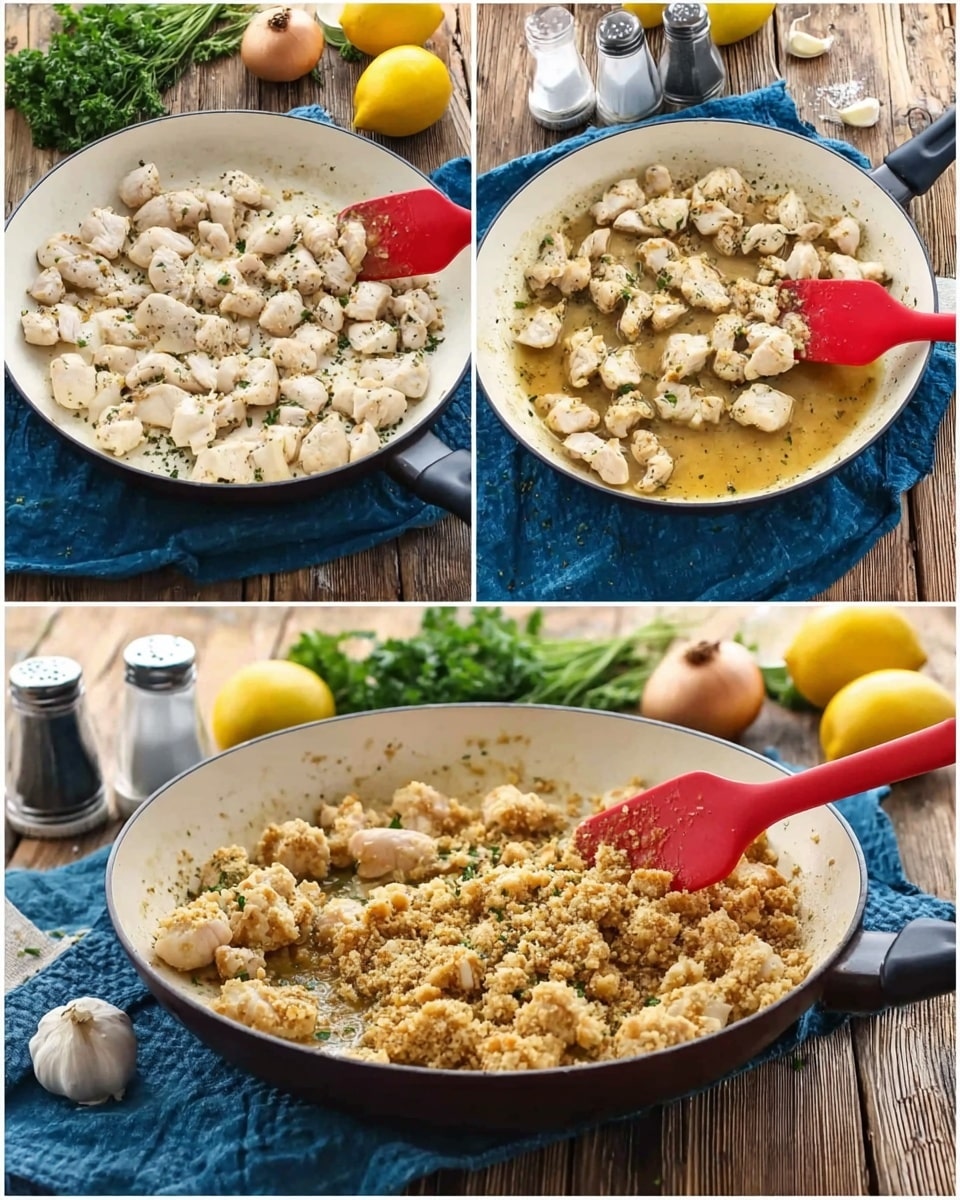 The image shows three views of a white skillet on a wooden surface with a blue cloth, lemons, garlic, parsley, an onion, and salt and pepper shakers around it. The first view has cooked small white chicken pieces evenly spread in the skillet with a red spatula stirring. The second view shows the chicken pieces simmering in a thick light brown sauce, with the spatula lifting some sauce and a bit of dry seasoning. The third view displays the chicken mixed with a browned crumbly topping that covers most of the skillet surface, again stirred by the red spatula. The overall look is warm and savory. Photo taken with an iphone --ar 4:5 --v 7