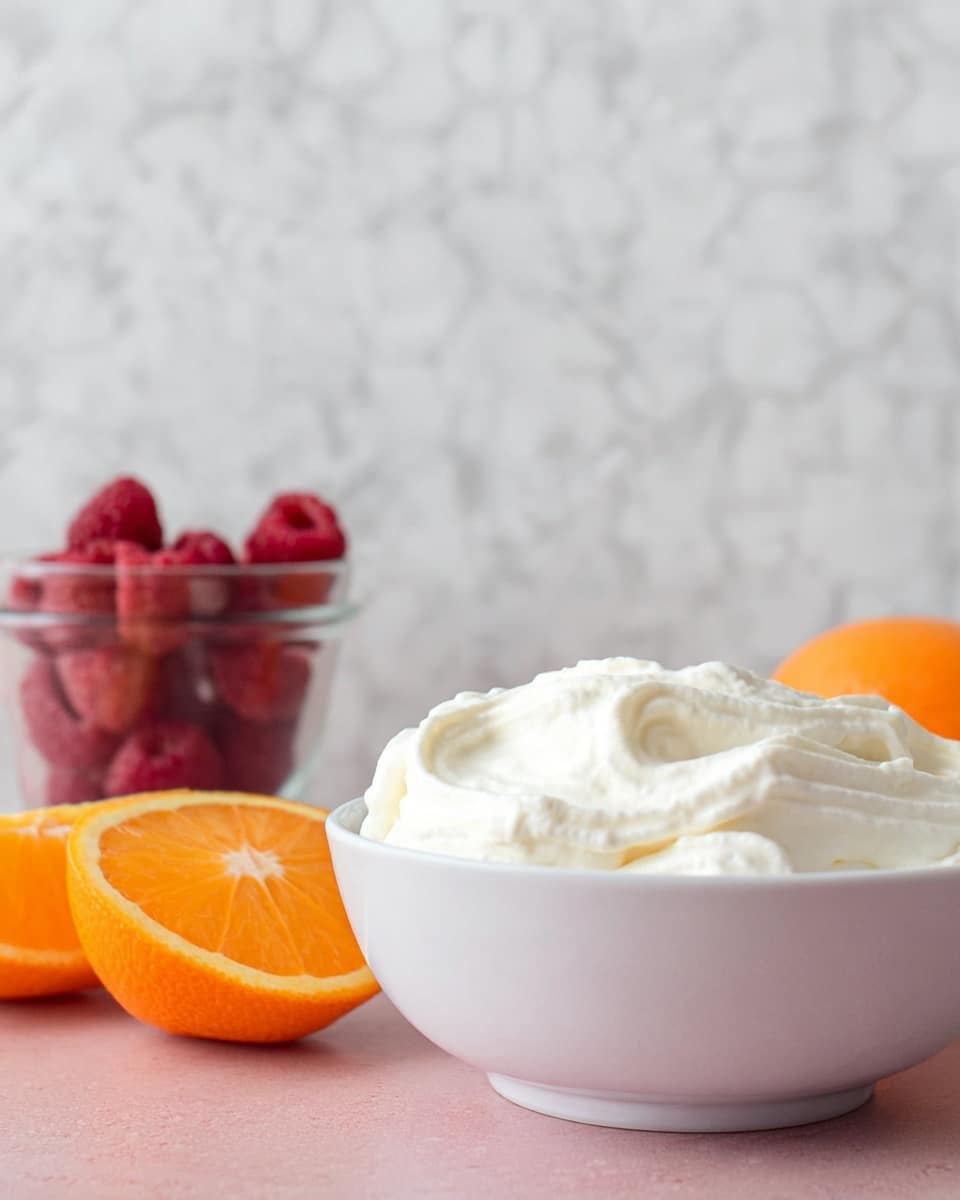 A white bowl filled with a fluffy layer of white whipped cream sits on a light pink surface, next to two halves of a bright orange orange. Behind the bowl, a clear glass container holds a small pile of red raspberries, adding a warm red color to the background. The scene is set against a white marbled texture wall. The overall look is fresh and clean, with a focus on the creamy texture of the whipped cream, the smooth orange halves, and the soft red raspberries. photo taken with an iphone --ar 4:5 --v 7