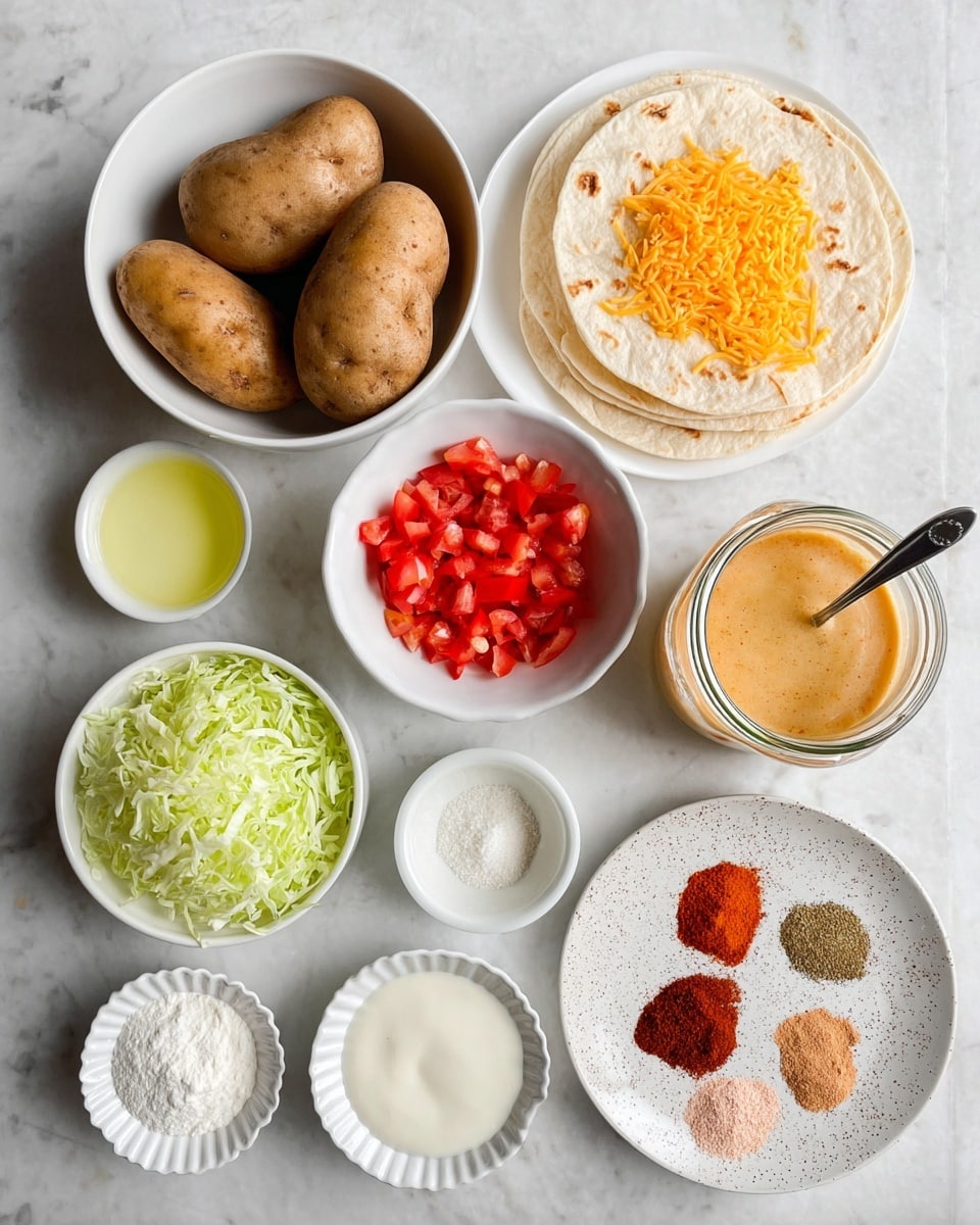 The image shows a white bowl at the bottom left filled with four large brown potatoes with rough skins. Above it, there is a white bowl of bright orange shredded cheese. To the right of the cheese bowl, a small white round dish holds fresh, finely chopped red tomatoes. Below the tomatoes, a white bowl contains shredded green lettuce. Next to the lettuce, a small white bowl with a scalloped edge has a white powder, likely flour or baking powder. To the right of the lettuce bowl, a white bowl is filled with a pale yellow liquid, possibly oil. Above the oil, there is a stack of three white flour tortillas with light brown spots. At the top right, a glass jar shows a creamy orange sauce with a black spoon inside. At the bottom right, a speckled white plate holds six piles of various spices in shades of red, brown, beige, and pink. All the items are arranged on a white marbled surface. Photo taken with an iphone --ar 4:5 --v 7