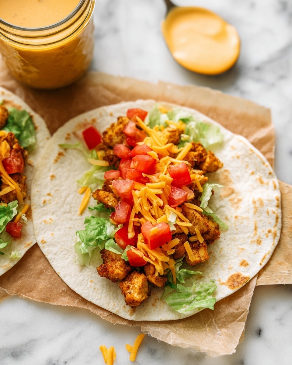A soft white tortilla laid flat holds three distinct layers: the bottom layer is golden-brown crispy pieces of seasoned chicken, uneven in size and texture; on top of that are small bright green lettuce leaves scattered unevenly, adding a fresh crunch; the top layer contains small chunks of vibrant red tomatoes and a light sprinkle of orange shredded cheese, giving a pop of color and texture. The tortilla rests on a piece of brown parchment paper placed on a white marbled surface. There is a creamy orange sauce drop nearby, and a glass jar with a thicker orange sauce blurred in the background. Photo taken with an iphone --ar 4:5 --v 7