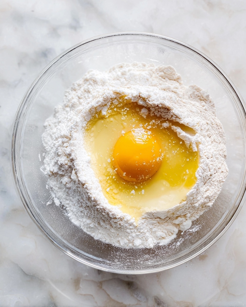 A clear glass bowl sits on a white marbled surface, holding three main layers of ingredients. In the center, a raw egg yolk with a smooth, shiny surface is surrounded by a ring of white flour that looks powdery and soft. Around the flour, there is a layer of light yellow honey or syrup that is glossy and slightly thick. The ingredients are arranged close together but not mixed, showing distinct textures of smooth yolk, powdery flour, and shiny syrup. Photo taken with an iphone --ar 4:5 --v 7