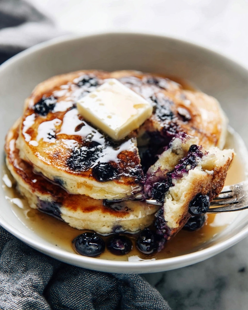 A white bowl holds two thick, golden-brown pancakes stacked one on top of the other, each dotted with dark blueberries that burst through the surface. The top pancake has a melting square of butter that shines with syrup drizzled all around, soaking slightly into the pancakes. A fork is lifting a bite-sized piece of pancake, showing a soft inside filled with juicy blueberries. The bowl rests on a white marbled surface with a grey cloth nearby. photo taken with an iphone --ar 4:5 --v 7