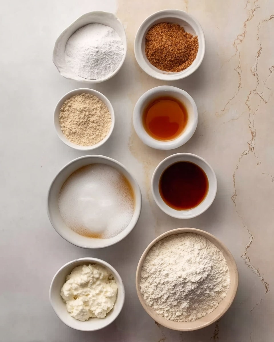 The image shows eight small white bowls on a white marbled surface, each filled with different ingredients. The top row has three bowls: the first with a white powder, the second with brown powder, and the third with another white powder. Below those, there are two larger bowls: the left one filled with a white foamy substance and the right one with a dark amber liquid. Below them, there are two more bowls: the left with brown granules and the right with a thick white substance. At the bottom left, a small white bowl holds a white creamy ingredient, and the bottom right has a larger white bowl filled with white flour. Woman’s hand is not visible but implied to be preparing the ingredients. Photo taken with an iphone --ar 4:5 --v 7