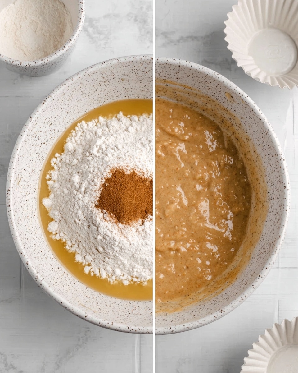 The image shows two photos side by side, both with a white speckled mixing bowl placed on a white marbled surface. On the left, the bowl holds a dry and wet mix before stirring, with a yellowish liquid layer at the bottom and a large mound of white flour topped with a small heap of brown cinnamon powder in the center. On the right, the same bowl holds a smooth, light brown batter with a creamy texture, showing some thicker bits mixed in evenly throughout. At the top of the frame, parts of a white bowl and an empty white cupcake tin are visible. photo taken with an iphone --ar 4:5 --v 7