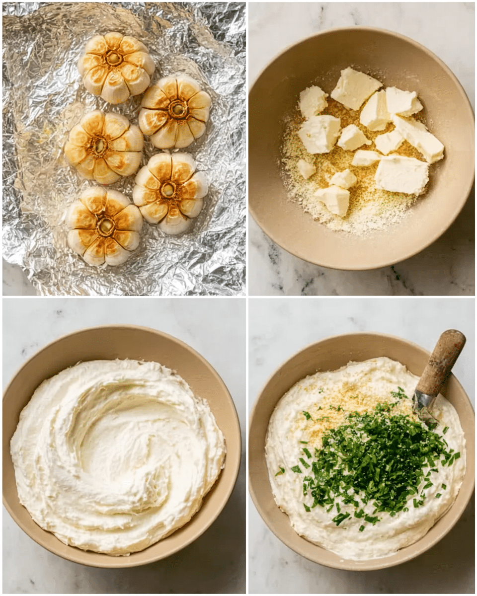 The image shows a four-panel sequence of making a creamy dip. The first panel at the top left side has three whole roasted garlic heads with golden brown tops, sitting on crumpled silver foil. The top right panel displays a mix of white soft cheese and a few chopped roasted garlic cloves in a light brown bowl. The bottom left panel shows the same white soft cheese whipped smooth in the bowl. The final bottom right panel presents the whipped cheese doped with fine light yellow herbs or spices, fresh bright green chopped herbs, and a silver spoon with a light brown wooden handle resting on the bowl's edge. The background is a white marbled surface. Photo taken with an iphone --ar 4:5 --v 7