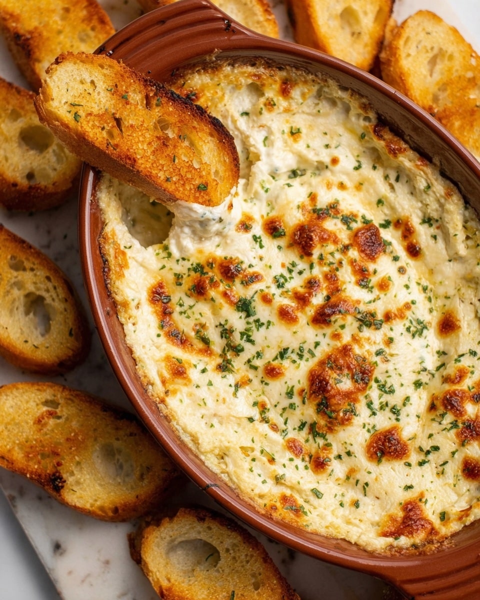 The image shows a brown oval dish filled with a creamy, baked cheese dip that has bubbling, golden-brown spots on the surface. The dip is thick and textured with small green pieces of chopped herbs sprinkled evenly on top. Toasted slices of bread with a golden crust and visible air holes are partially placed in the dip and also spread around the dish on a white marbled surface. The edges of the dip show a slightly browned and crispy layer, contrasting with the soft, melted cheese inside. photo taken with an iphone --ar 4:5 --v 7
