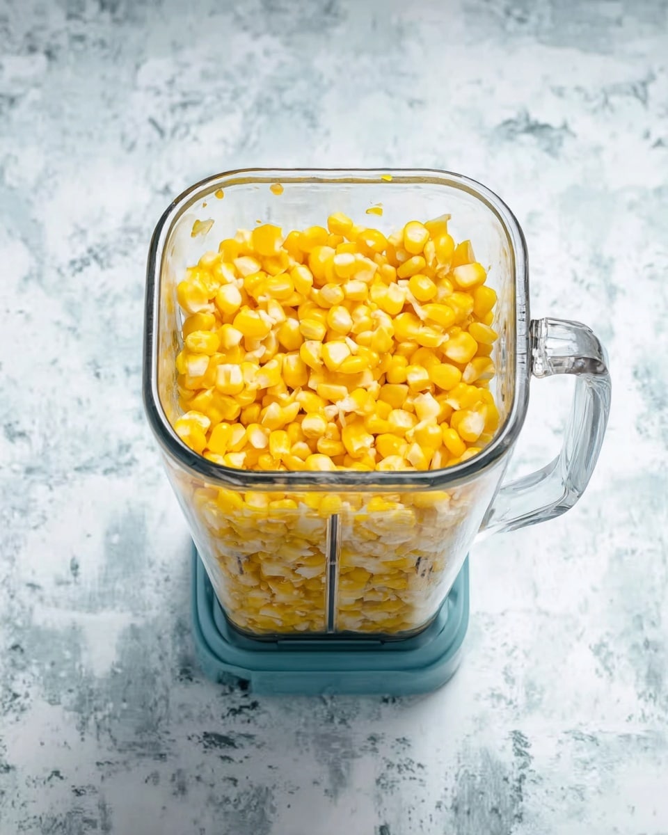 The image shows a clear glass blender jar filled with bright yellow corn kernels resting on a white marbled surface. The blender jar has a handle on the right side and the top open, showing about one layer of corn scattered evenly inside. The base beneath the jar is visible in a muted blue color. The background is a white marbled texture. Photo taken with an iphone --ar 4:5 --v 7