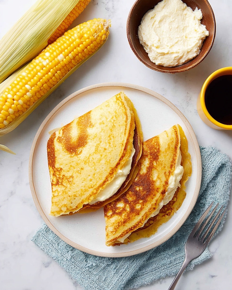 Two golden brown folded pancakes with a soft, slightly crisp texture sit on a white plate, each filled with a thick, creamy white filling visible from the edges. The plate rests on a pale blue cloth with a textured pattern, placed on a white marbled surface. To the top right of the plate, there is a brown bowl full of a white creamy substance and a small yellow cup filled with a dark liquid. Two ears of yellow corn lie diagonally at the top, providing a fresh contrast. A silver fork is positioned near the bottom right corner of the image. photo taken with an iphone --ar 4:5 --v 7