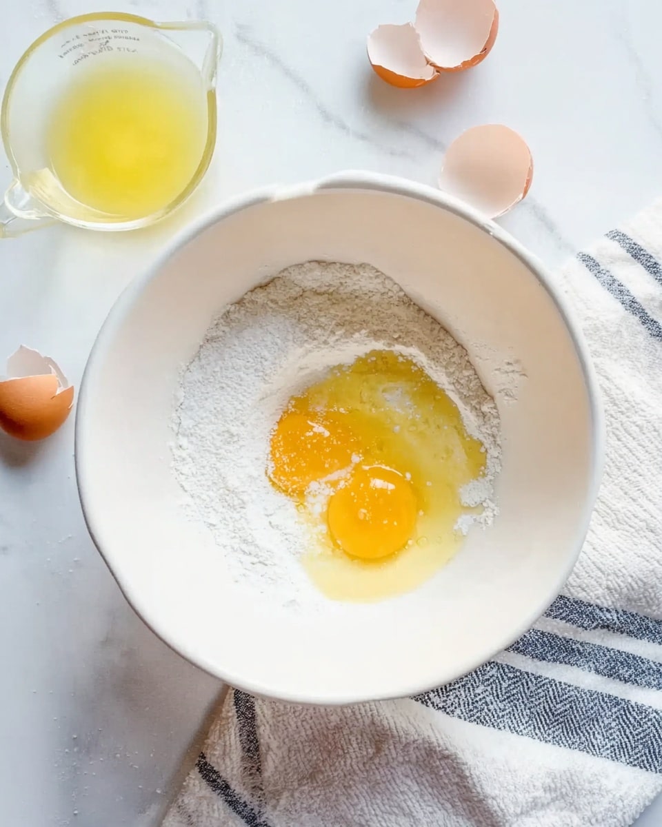 The image shows a white mixing bowl on a white marbled surface with a striped cloth underneath. Inside the bowl are two cracked raw eggs with their bright yellow yolks surrounded by white flour. Around the bowl, on the surface, are three cracked eggshell halves and a clear measuring cup containing a yellow liquid, possibly oil or melted butter. The scene is bright and clean looking. photo taken with an iphone --ar 4:5 --v 7