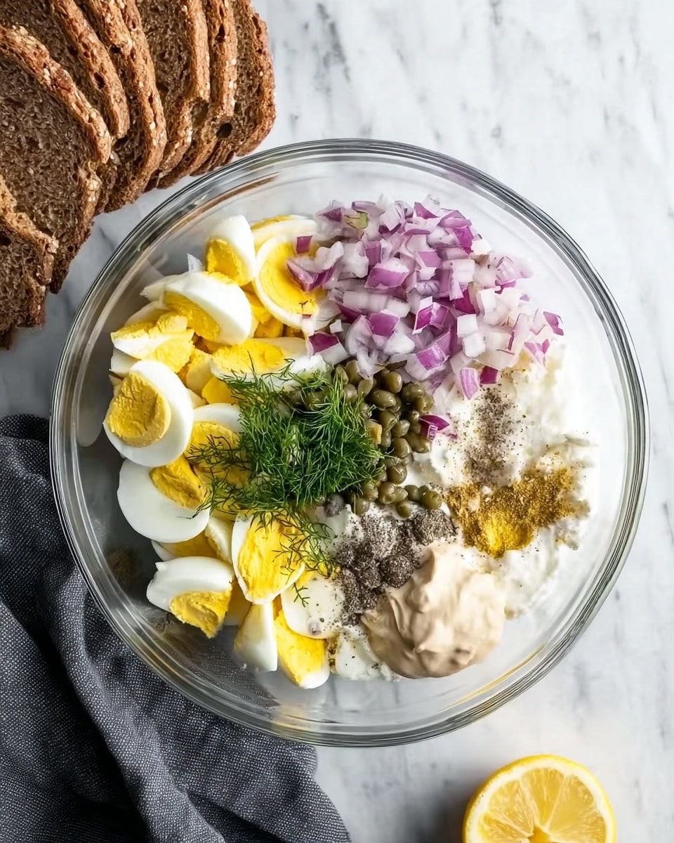 A clear glass bowl sits on a white marbled surface, filled with separate piles of chopped hard-boiled eggs with yellow yolks and white edges, finely chopped red onions, small green capers, a small pile of green dill in the center, dollops of light beige mayonnaise, small mounds of ground mustard and black pepper specks spread evenly. To the left of the bowl, slices of seeded brown bread are stacked, and a dark gray cloth napkin rests on the right, partially visible. A lemon wedge is placed on the lower right side of the image. photo taken with an iphone --ar 4:5 --v 7