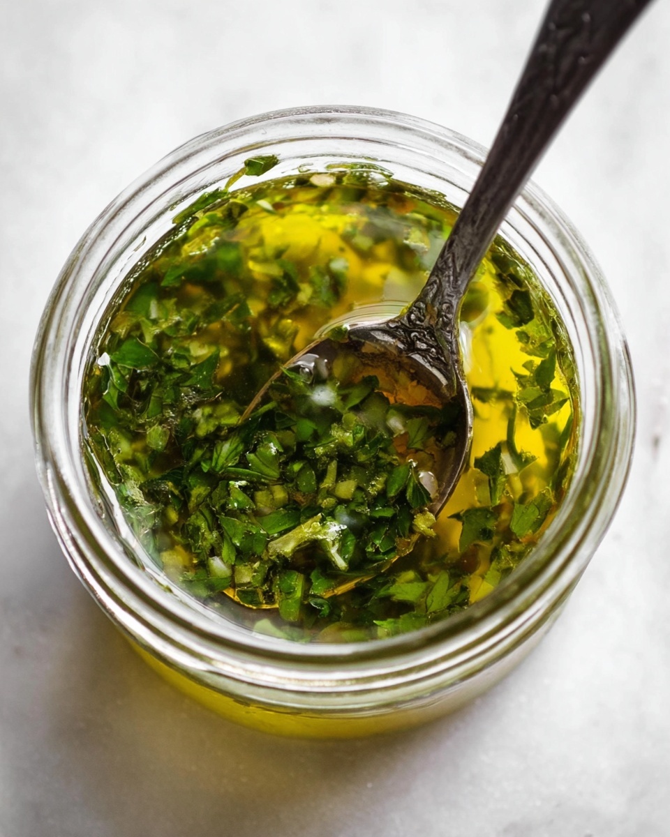 A close-up top view of a clear glass jar filled with a green herb sauce, showing chopped green leaves mixed in a yellowish oil liquid. Inside the jar, a dark spoon with a silver tip dips into the sauce, making the liquid look shiny and smooth. The jar sits on a white marbled surface, creating a clean and simple background. The colors mainly show shades of green and yellow in the sauce with a clear contrast against the white marbled texture. photo taken with an iphone --ar 4:5 --v 7