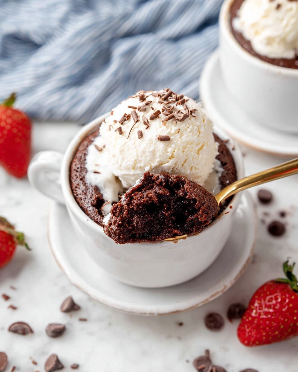 A white cup filled with rich, dark brown chocolate cake as the base layer, topped with a large scoop of smooth, creamy off-white ice cream sprinkled lightly with chocolate shavings. A gold spoon rests inside the cup, scooping some of the soft cake and ice cream. The cup sits on a white saucer, set on a white marbled surface with scattered chocolate chips and bright red strawberries nearby. In the background, there is another similar cup with ice cream and a blue and white striped cloth. Photo taken with an iphone --ar 4:5 --v 7