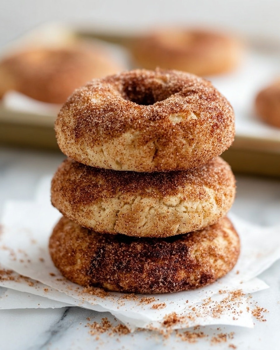 The image shows a stack of three cinnamon sugar-coated cookies, each one thick and round with a slightly rough texture. The top cookie has a small hole in the center and is covered evenly with a brown layer of cinnamon sugar that looks grainy. The middle and bottom cookies also display the cinnamon sugar dusting, with some visible darker swirls or spots where the sugar has caramelized a bit. The cookies are set on white parchment paper placed on a baking tray with a white marbled surface underneath. There are a few scattered cinnamon sugar crumbs around the stack, adding to the cozy and warm feeling of the image. Photo taken with an iphone --ar 4:5 --v 7