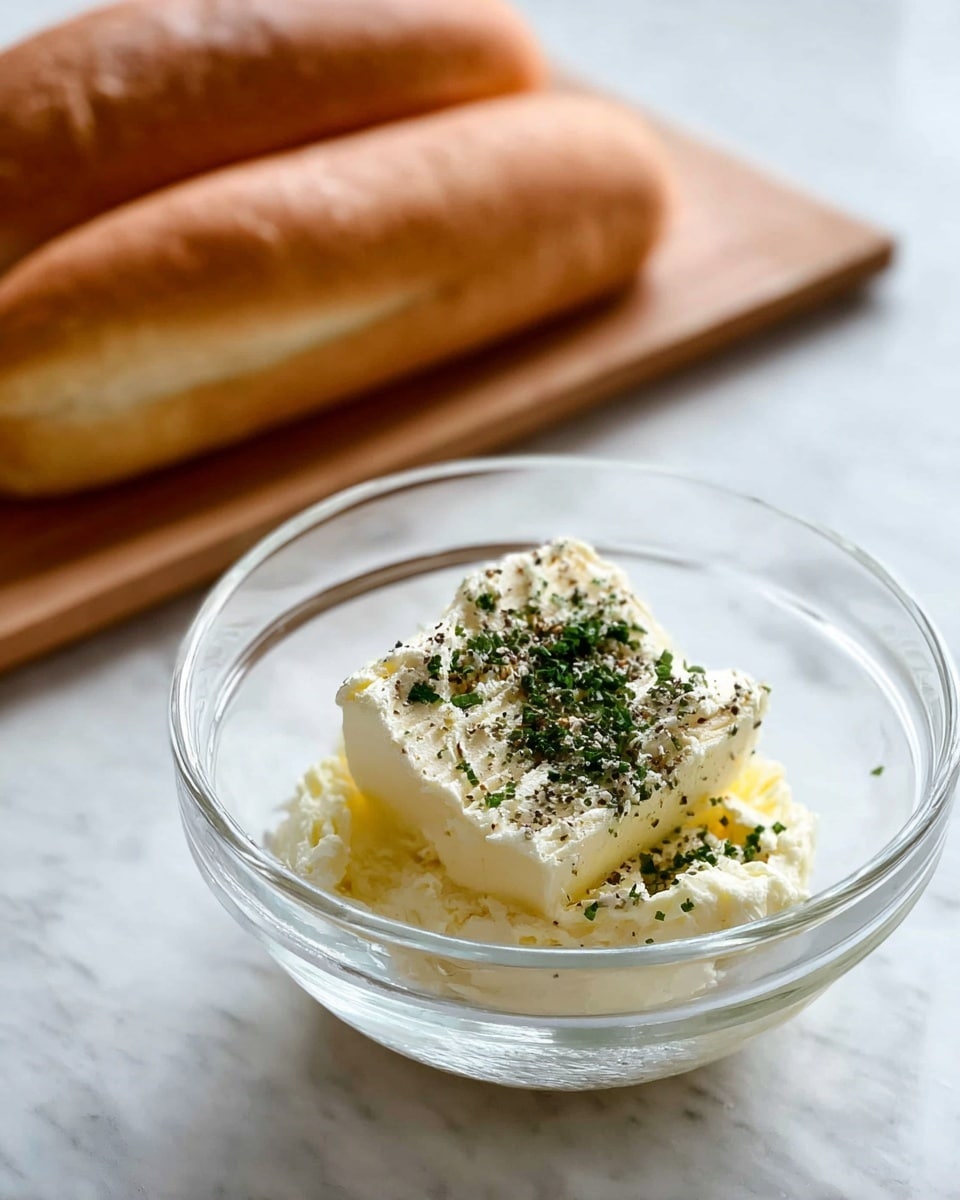 A clear glass bowl sits on a white marbled surface, holding a stack of ingredients as distinct layers: at the bottom, a pale yellow creamy base; on top of that, a block of pale ivory butter; sprinkled over the butter are finely chopped green herbs and specks of black pepper, adding texture and color contrast. In the background, two long, light brown sandwich breads rest on a wooden board, slightly blurred. The whole scene is bright and simple. photo taken with an iphone --ar 4:5 --v 7