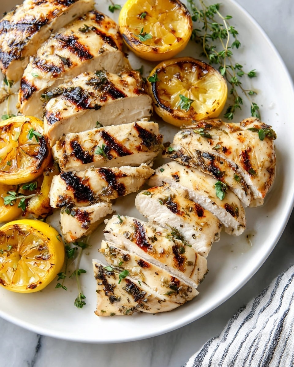 A white plate holds three rows of grilled chicken slices, each piece showing light golden grill marks and specks of herbs like green parsley and thyme. Around the chicken are bright yellow grilled lemon halves, some charred lightly on the edges and topped with small green herb leaves. The plate sits on a white marbled surface, and a corner of a striped cloth is visible. The image is clear and bright. photo taken with an iphone --ar 4:5 --v 7