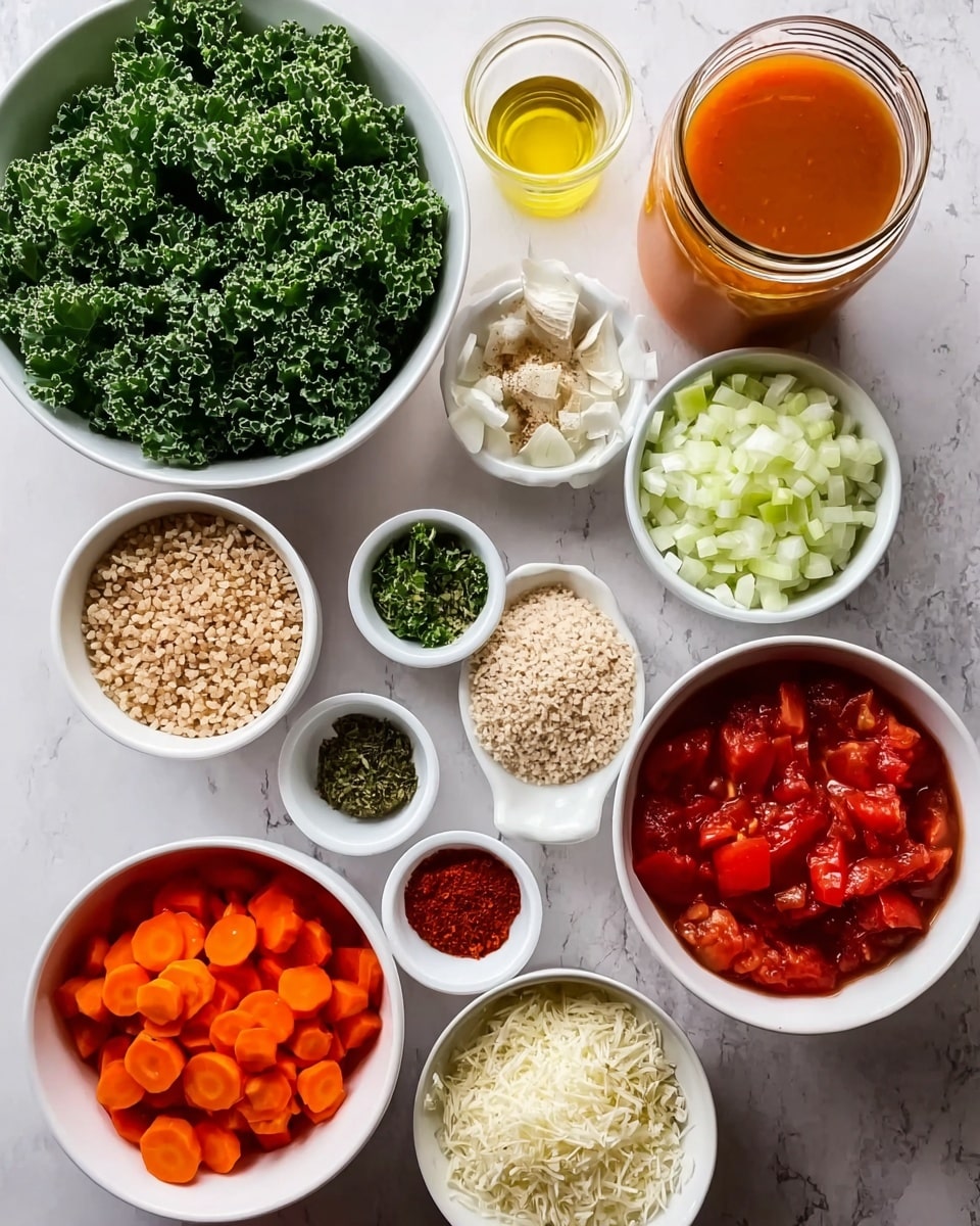 The image shows a top view of various white bowls and small white dishes arranged neatly on a white marbled surface. There is one large white bowl filled with chopped curly kale at the top left, and next to it on the right, a clear glass jar holding orange-colored broth. Below the broth, a large white bowl filled with chunky red tomatoes sits to the right. Moving downward, there is a cluster of small white dishes and bowls containing different ingredients: chopped white onions on the left, brown rice in a measuring cup in the center, red powder spice, green dried herbs, red paste, and minced garlic in separate small bowls arranged around the rice. On the bottom left, a large white bowl contains sliced orange carrots, and next to it on the right, a white dish filled with grated cheese or coconut flakes. In the center above these sits a small white bowl with some golden-colored oil. The overall arrangement is clean and organized, with vibrant colors from the fresh vegetables and spices standing out against the white bowls and marbled background. Photo taken with an iphone --ar 4:5 --v 7