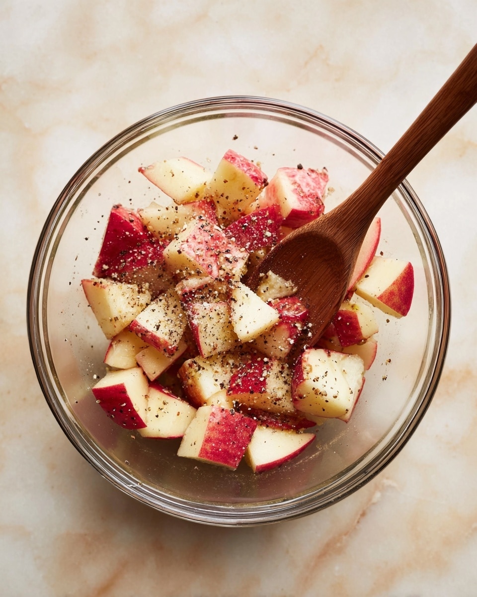 A clear glass bowl sits on a white marbled surface, filled with several pieces of apple chunks that still have their red skin. The apple pieces are sprinkled evenly with small bits of white powder and black pepper flakes on top. A wooden spoon is placed inside the bowl, resting over the apple pieces. The photo has soft natural light highlighting the textures of the apples and the wood grain of the spoon photo taken with an iphone --ar 4:5 --v 7