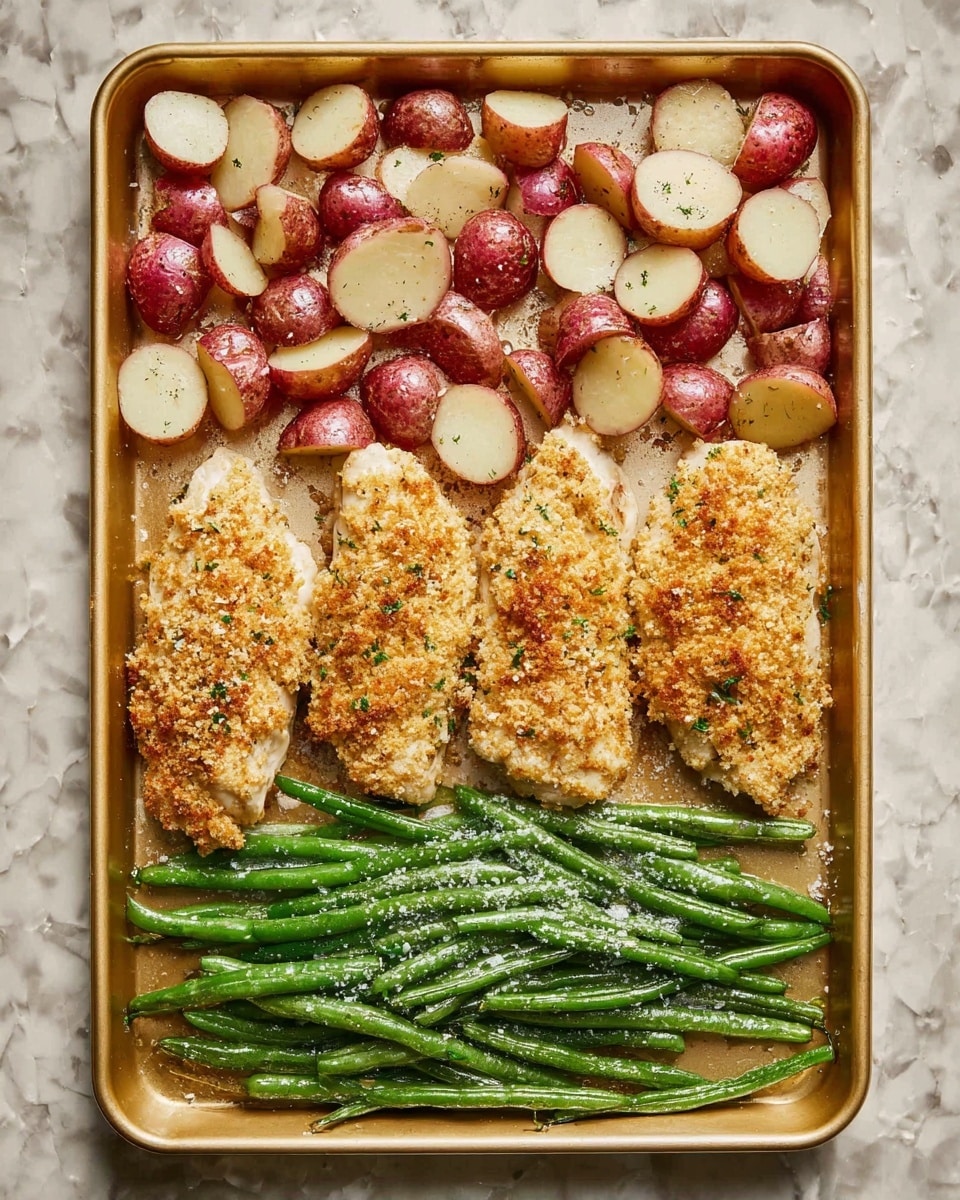 A gold baking tray holds a meal with three main layers: at the top, there are evenly spread small red potatoes cut into chunks showing red skin and white inner texture; in the middle layer, three breaded chicken pieces cover the center in a row, coated with a crumbly golden topping; at the bottom, bright green beans lay side by side, sprinkled with coarse white salt. The tray is placed on a white marbled textured surface. photo taken with an iphone --ar 4:5 --v 7