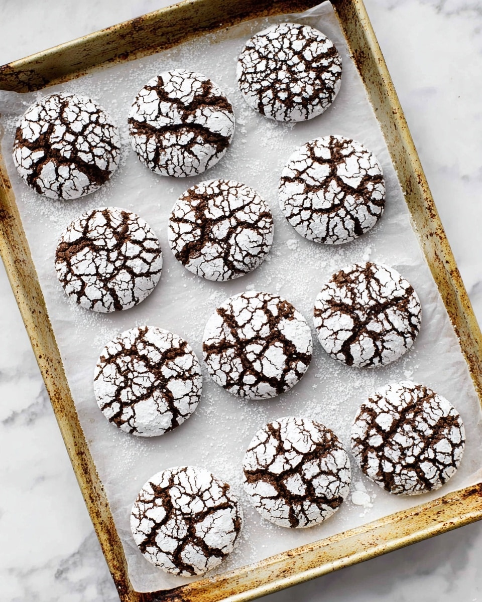 The image shows a baking tray lined with white parchment paper holding eleven round chocolate cookies with a cracked surface. Each cookie has a dark brown base with large, uneven white powdered sugar patches on top, creating a rough cracked pattern. The cookies are arranged loosely in a grid, with some slight spacing between them. The tray edges are worn and slightly rusty. The background is a white marbled texture. photo taken with an iphone --ar 4:5 --v 7