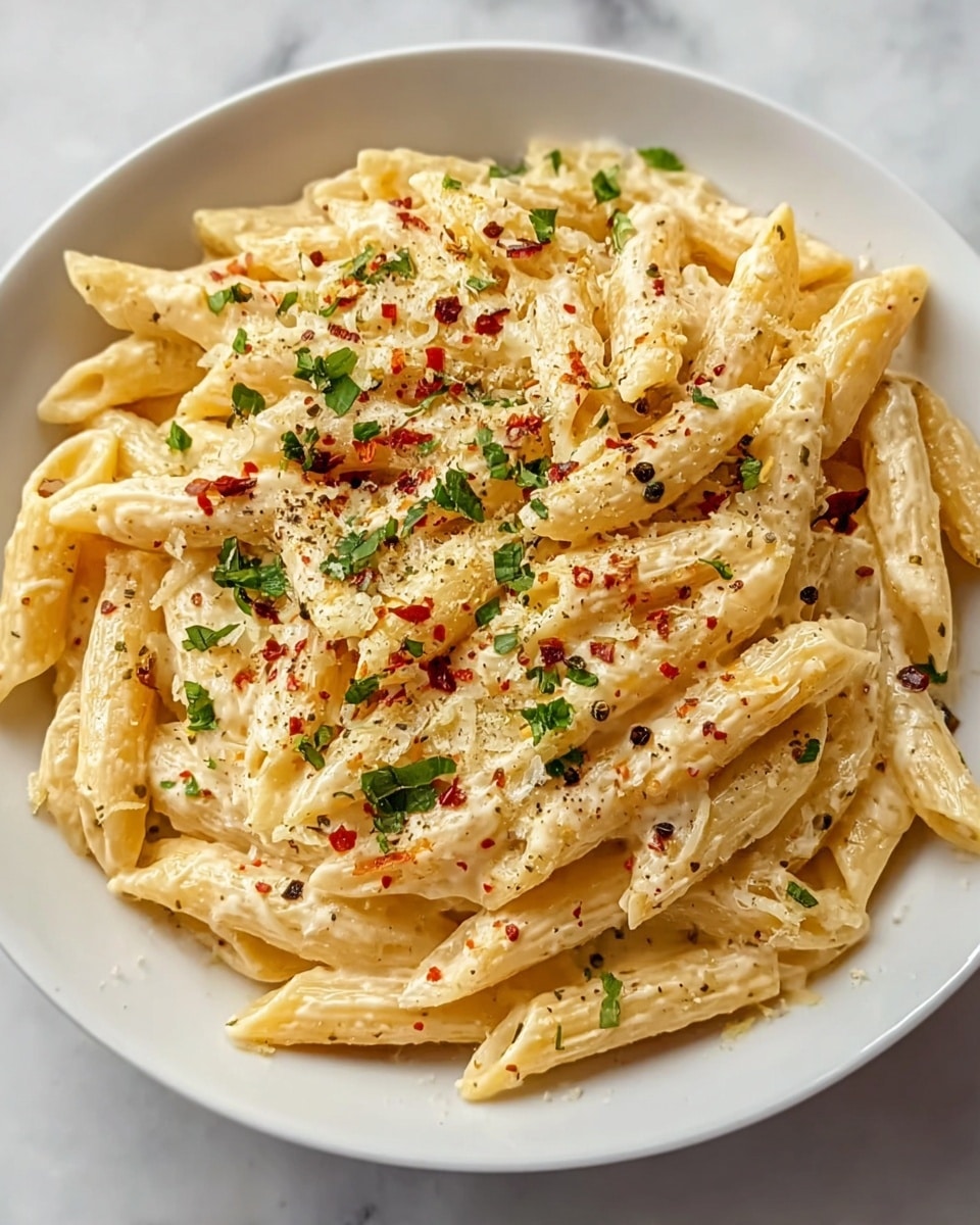 A white bowl filled with creamy pasta made of penne noodles coated in a smooth, light yellow sauce. The top is sprinkled with grated cheese, small red chili flakes, cracked black pepper, and chopped green herbs scattered evenly. The pasta layers are tightly arranged, showing the creamy texture and seasoning on each noodle. The bowl sits on a white marbled surface. Photo taken with an iphone --ar 4:5 --v 7