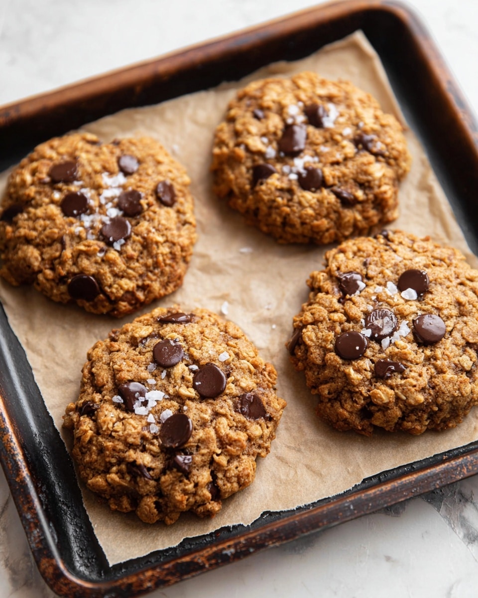 The image shows four thick, round oatmeal cookies with chocolate chips on a baking tray lined with light brown parchment paper. Each cookie is textured with oats and has dark brown chocolate chips scattered on the surface. White flakes of sea salt are sprinkled unevenly across the cookies. The tray itself is dark and rustic, with a black rim and worn edges. The background is a white marbled surface. photo taken with an iphone --ar 4:5 --v 7