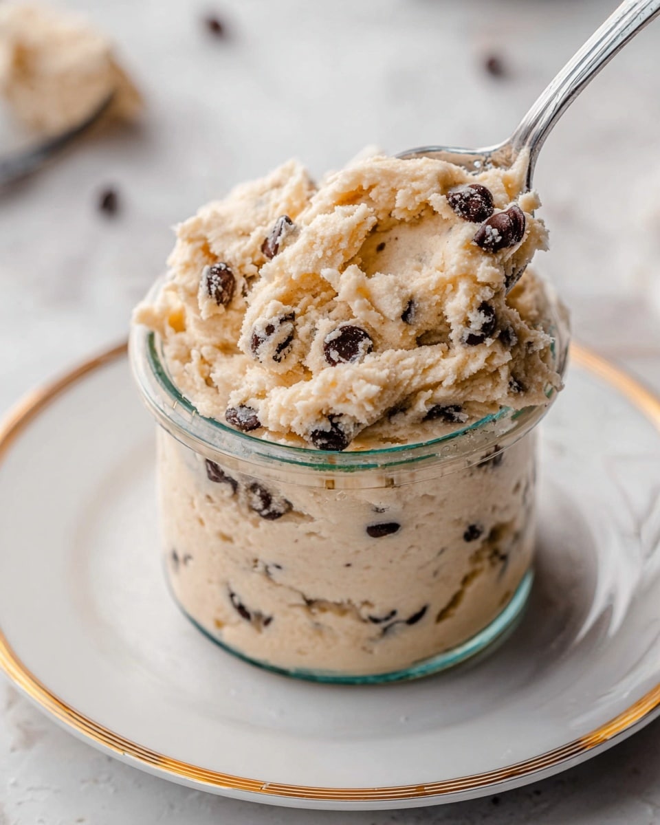 A clear glass jar filled with three thick layers of creamy, pale beige dough mixed with dark brown chocolate chips. The dough is textured and soft, slightly spilling over the top edge of the jar. A silver spoon is partly inside the jar, resting against the side, with some dough scooped onto it. The jar is placed on a white plate with a subtle gold rim, all set on a white marbled surface. Photo taken with an iphone --ar 4:5 --v 7