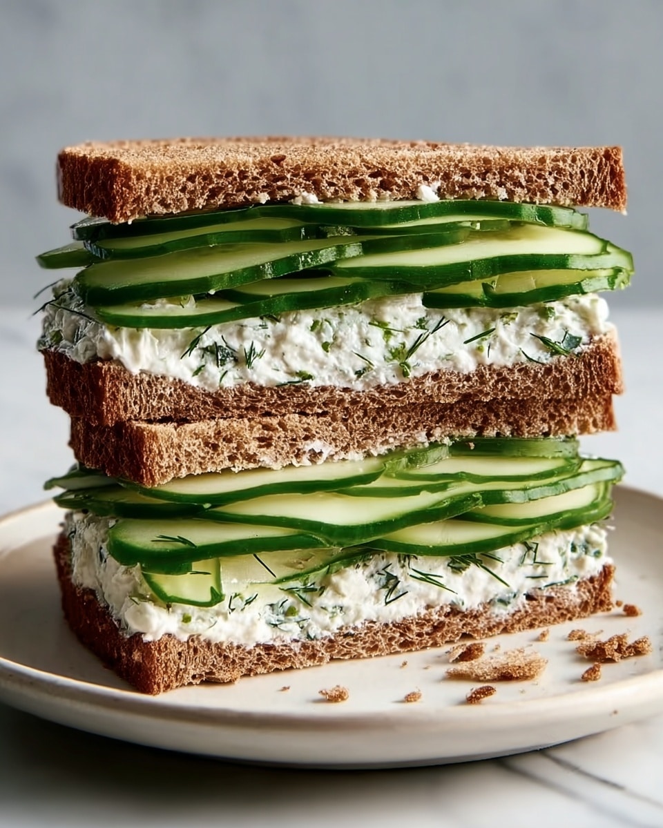The image shows a sandwich with two layers, each made of brown bread. Between the bread layers, there is a creamy white spread with bits of green herbs. On top of the spread, there are many thin, long slices of fresh cucumber, stacked to form a neat layer. The sandwich is stacked in the center of a simple white plate. The background is a white marbled surface. Crumbs from the bread can be seen near the sandwich on the plate. The sandwich looks fresh and clean. Photo taken with an iphone --ar 4:5 --v 7