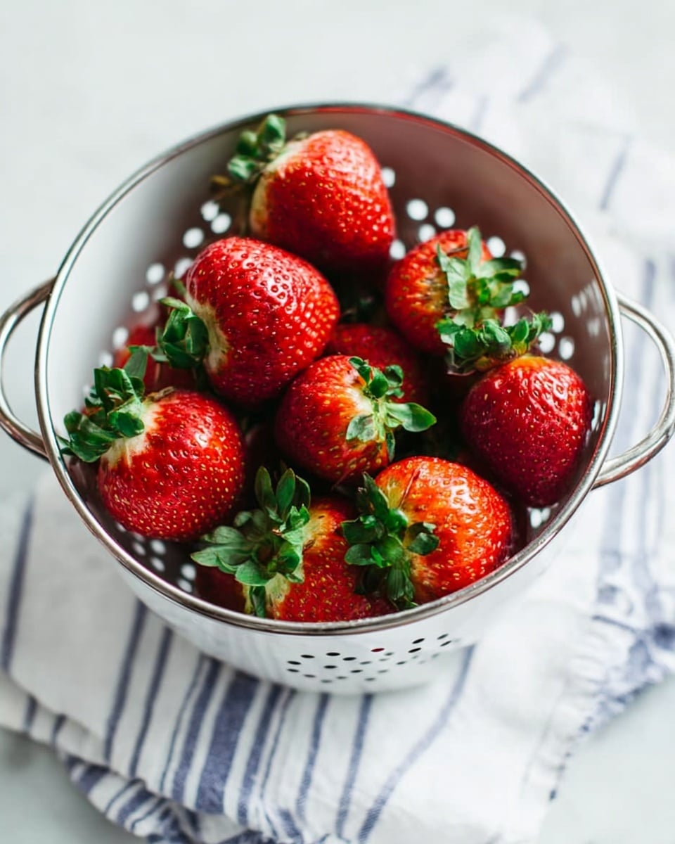 A white colander filled with bright red strawberries with green leaves still attached. The strawberries are fresh and plump, filling the colander almost to the top. The colander has small round holes and metal handles on each side. It sits on a light fabric with blue stripes placed on a white marbled surface. The image is clear and bright, showing the shiny texture of the strawberries. photo taken with an iphone --ar 4:5 --v 7