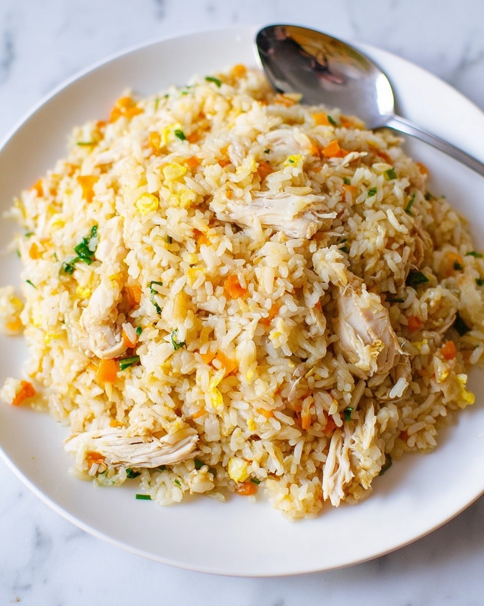 A white plate holds a pile of fried rice with visible shredded white chicken pieces mixed in. The rice is light yellow with small bits of orange carrot and green herbs spread throughout. The texture looks soft and slightly sticky. A metal spoon rests next to the rice on the plate. The dish sits on a white marbled surface. Photo taken with an iphone --ar 4:5 --v 7
