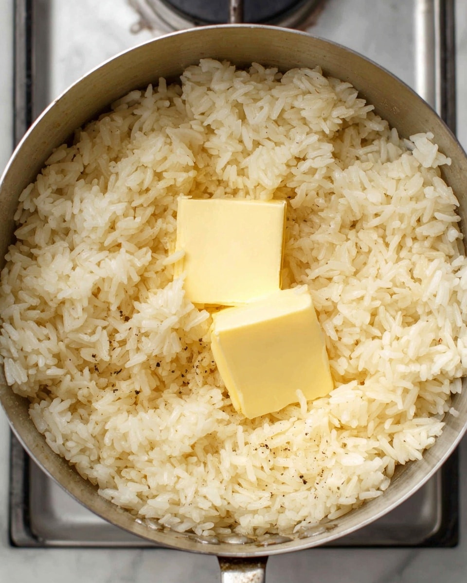 A close-up view of a metal pot filled with cooked white rice that has a slight yellow tint, giving it a soft and fluffy texture. Two square pieces of light yellow butter are placed on top in the center, starting to melt slightly into the rice. The rice grains are separated but slightly sticky, with some small black pepper specks scattered throughout. The pot is on a stovetop with a blurred background showing the burner. The overall scene is set on a white marbled surface. photo taken with an iphone --ar 4:5 --v 7