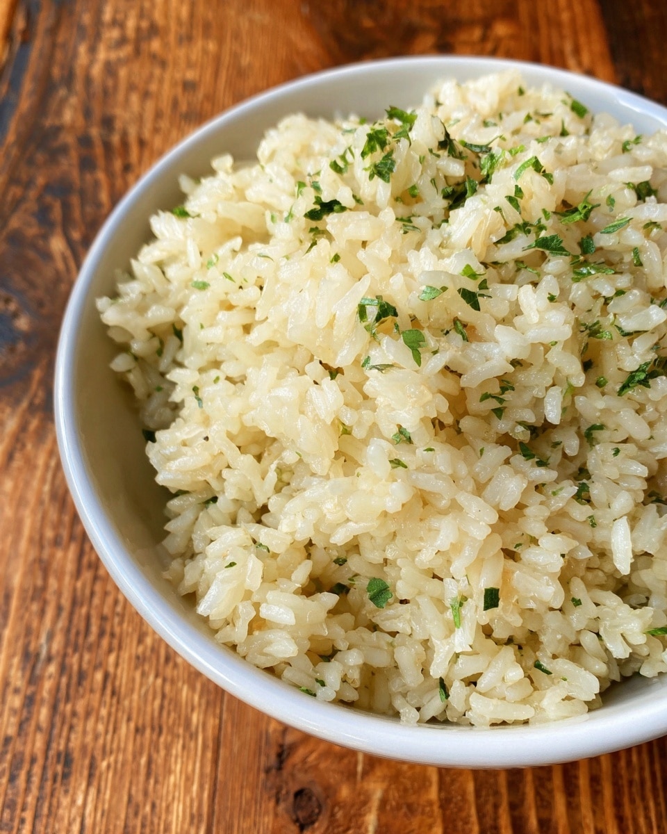 A close-up view of a white bowl filled with cooked rice. The rice grains are soft and fluffy with a light yellowish color. Small bits of green herbs are scattered throughout the rice, adding a fresh touch. The bowl sits on a wooden surface, showing natural brown textures in the background. photo taken with an iphone --ar 4:5 --v 7