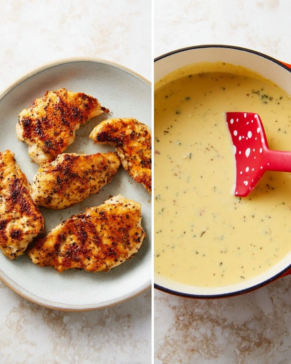 The image on the left shows four golden brown pieces of cooked chicken with a slightly crispy and seasoned surface, placed on a round white plate with a subtle texture. The chicken pieces vary in size and shape, with some showing grill marks and seasoning specks. The background is a white marbled texture. On the right, there is a top view of a white pot filled with creamy yellow sauce that has small herb specks, with a red spatula with white polka dots partially submerged in the sauce. The background here is also a white marbled texture. photo taken with an iphone --ar 4:5 --v 7