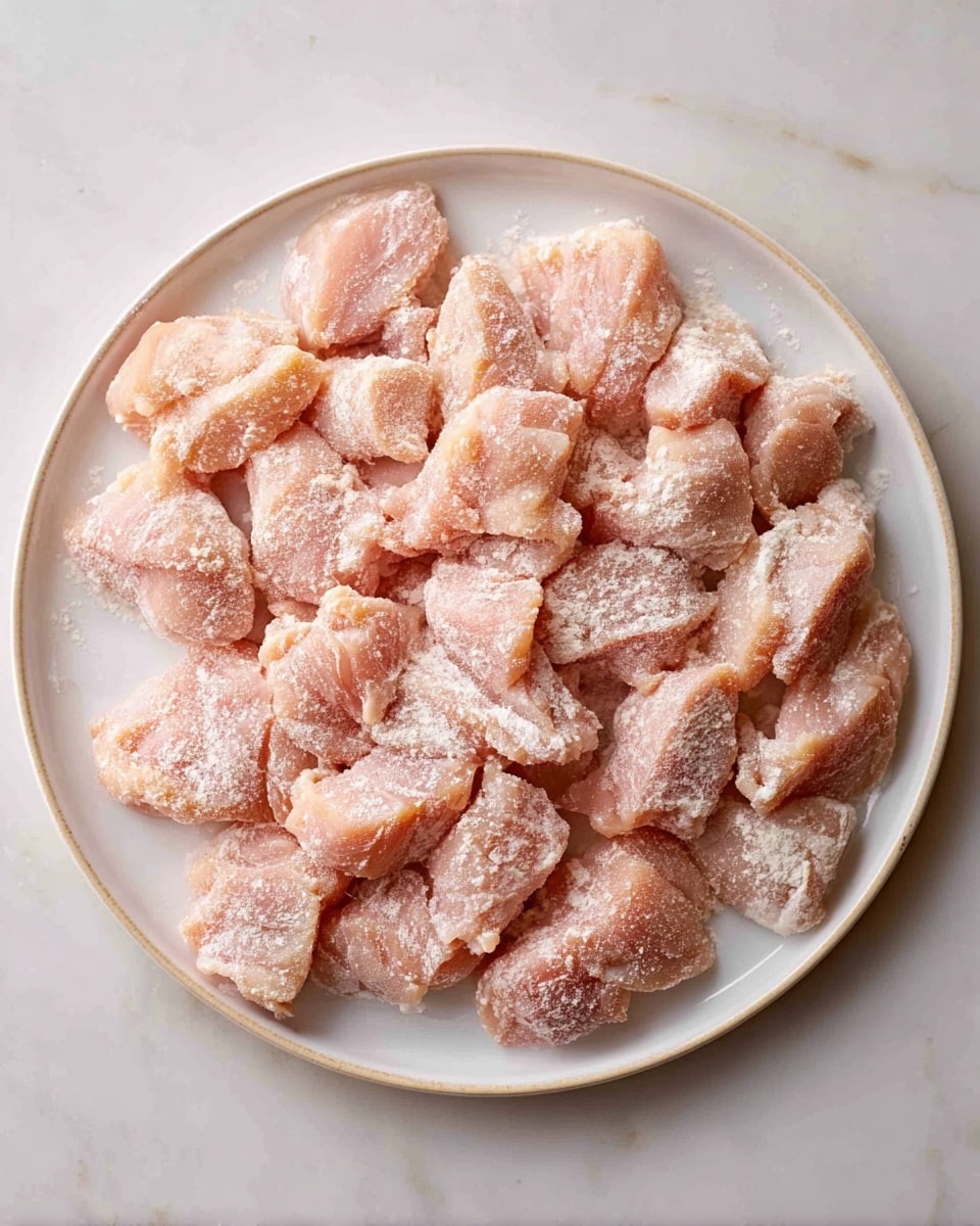A round white plate holds many raw light pink chicken pieces coated with a light dusting of flour, arranged closely together covering the entire plate. The chicken pieces are irregular in shape and size with a slightly rough texture from the flour coating. The plate is set on a white marbled surface that adds a subtle, elegant pattern in the background. photo taken with an iphone --ar 4:5 --v 7