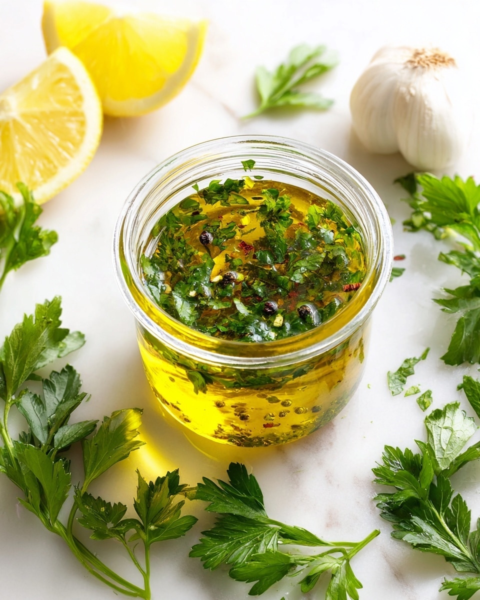 A small clear glass jar sits in the center on a white marbled surface, filled with a golden yellow olive oil mixed with bright green chopped herbs, sprinkled with small black pepper flakes. Around the jar, fresh green parsley leaves and sprigs are scattered, with two bright yellow lemon halves to the left and a whole light cream-colored garlic bulb to the upper right. The scene is fresh and bright with natural light, creating soft reflections on the glass and vivid colors of the ingredients photo taken with an iphone --ar 4:5 --v 7