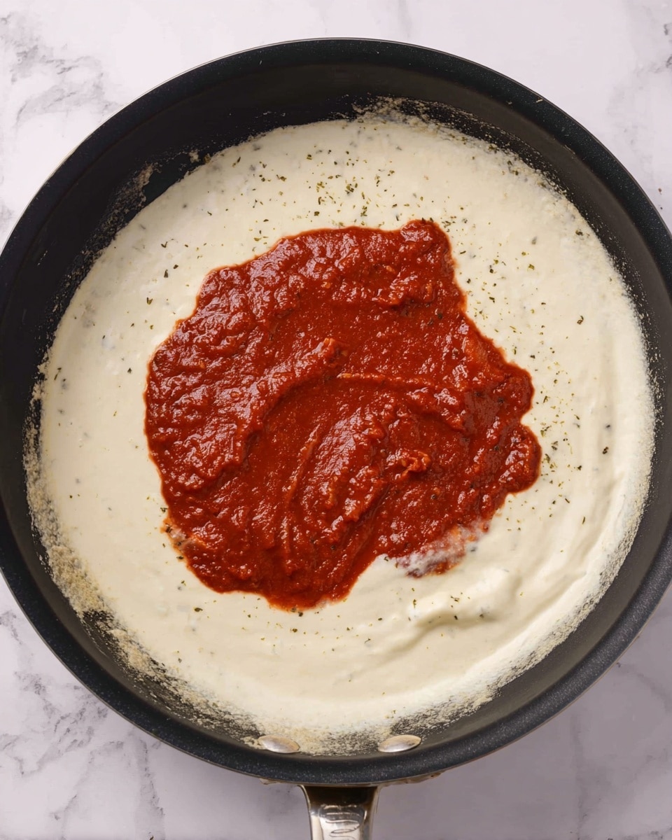 The image shows a black frying pan on a white marbled surface, filled with two main layers of sauce. The bottom layer is creamy white with a smooth texture and some small specks of herbs scattered throughout. On top of this is a thick, rich red sauce with a slightly chunky texture, placed roughly in the center and spreading outwards unevenly, creating a strong contrast against the creamy layer below. The pan's handle is partially visible at the bottom edge of the image. Photo taken with an iphone --ar 4:5 --v 7