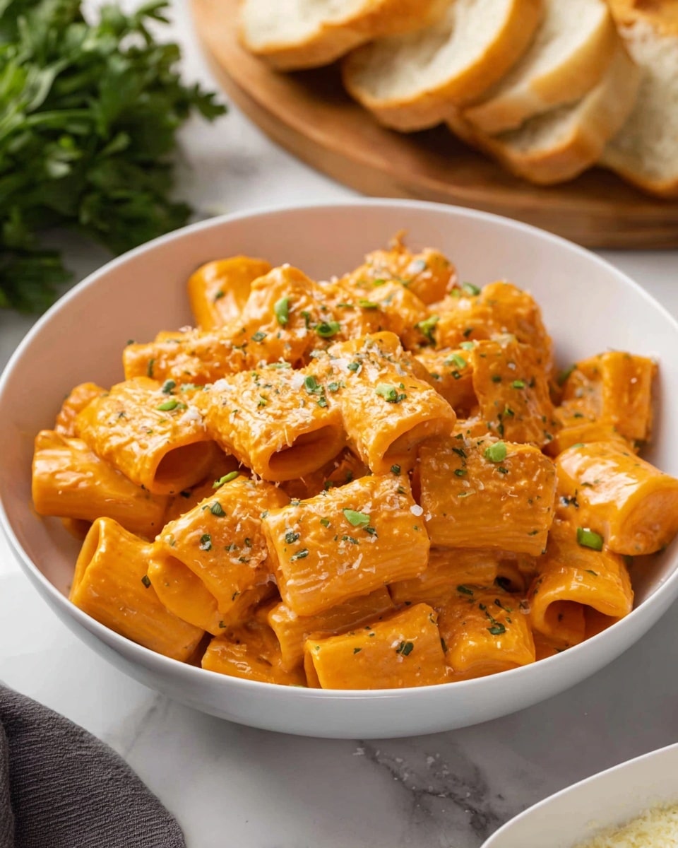 A white bowl filled with rigatoni pasta coated in a thick, creamy orange sauce. The pasta pieces are short tubes with ridges, evenly covered by the sauce, and sprinkled with small green herb bits and some grated cheese. The bowl is placed on a white marbled surface, with sliced bread on a wooden board and fresh green herbs in the background. Photo taken with an iphone --ar 4:5 --v 7