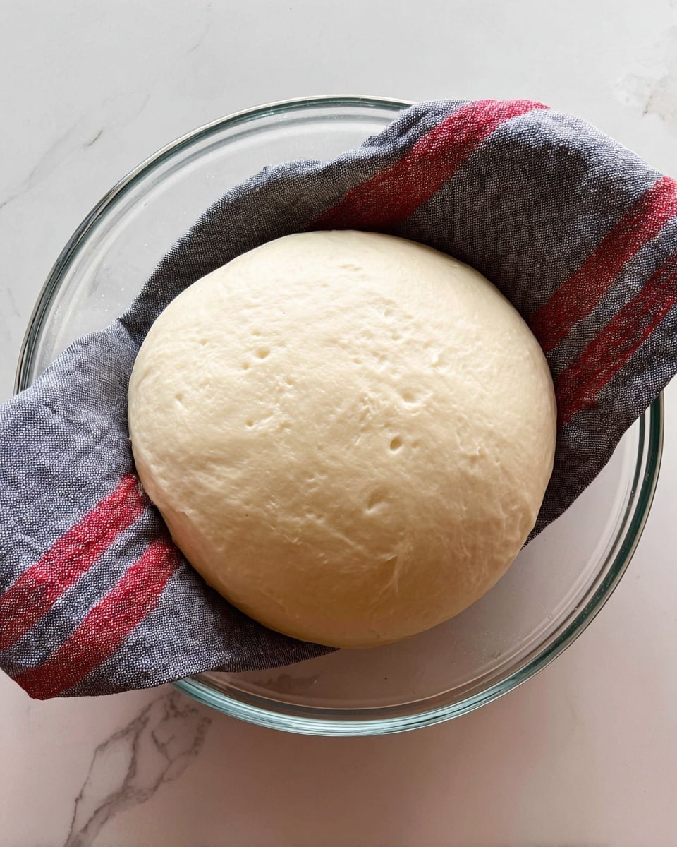 A smooth, round ball of dough with a pale cream color sits centered inside a clear glass bowl. The dough looks soft and slightly puffy with a few tiny bubbles visible on its surface. Underneath the dough, a dark gray cloth with red and white stripes gently lines the inside of the bowl, adding contrast. The bowl is placed on a white marbled surface, giving a clean and bright background. photo taken with an iphone --ar 4:5 --v 7