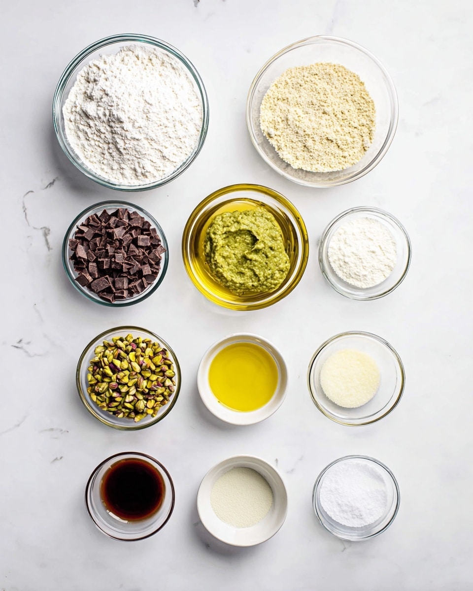 The image shows eleven small glass and white ceramic bowls arranged on a white marbled surface. The top left large glass bowl is full of white flour, and to its right is a smaller glass bowl with light brown crumbs. Below the flour and crumbs, arranged in a column from top to bottom, are a glass bowl with golden yellow oil, a larger white ceramic bowl with a green creamy paste, and a smaller white ceramic bowl filled with chopped pistachios. To the left of the oil are a glass cup with dark, chopped chocolate pieces and a glass bowl with white powder, possibly sugar or salt. To the right of the oil are a glass bowl with something pale yellow and soft, a small glass bowl with dark brown liquid, and two tiny clear glass bowls with white powders, placed side by side near the bottom right. The bowls are evenly spaced, and the lighting is bright, making the ingredients look fresh and clear, photo taken with an iphone --ar 4:5 --v 7