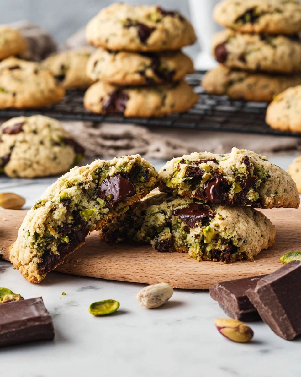A close-up view of thick, round cookies with rough, golden-brown surfaces, filled with large dark chocolate chunks and bits of green pistachio nuts inside. Two cookies are broken open in the front, showing a soft green layer mixed with the cookie dough and melted dark chocolate on top and inside. More whole cookies with the same texture and colors are stacked on a baking rack and a white wooden board in the background. Scattered pistachio nuts and dark chocolate pieces lie around the cookies on a white marbled surface. Photo taken with an iphone --ar 4:5 --v 7