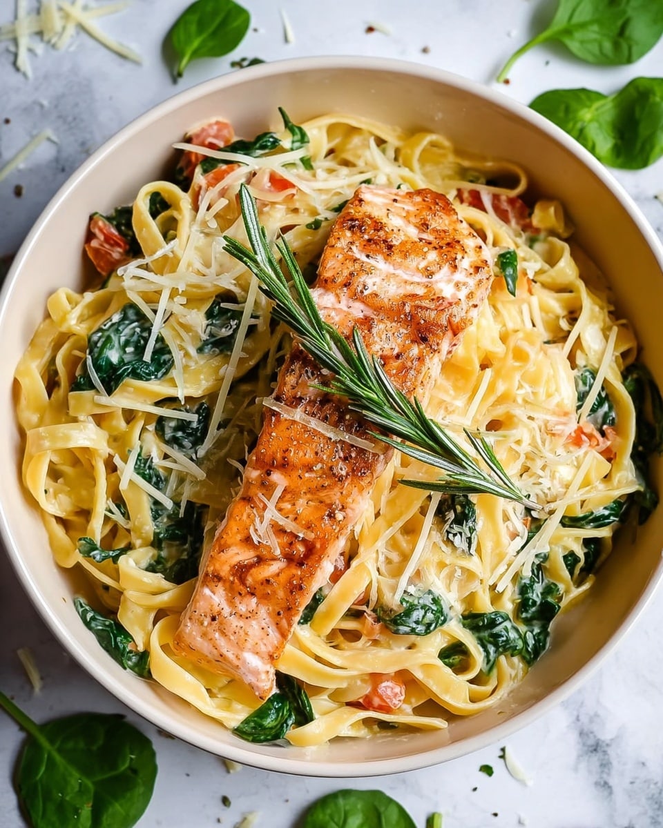 A white bowl filled with creamy fettuccine pasta, mixed with green spinach leaves and small pieces of tomato, topped with a large piece of cooked salmon showing a light browned crust. The pasta is sprinkled with thin grated cheese, and a fresh green rosemary sprig lies on top of the salmon. The bowl is placed on a white marbled surface with small spinach leaves and some grated cheese scattered around. photo taken with an iphone --ar 4:5 --v 7
