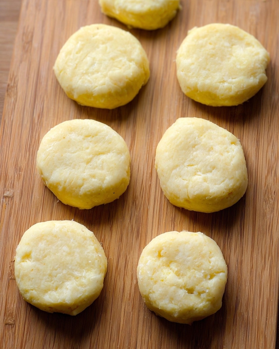 The image shows eight small, round, pale yellow dough discs with a slightly uneven texture on a wooden board with a natural brown grain. The dough discs are spaced out evenly and have a soft, smooth surface with small visible bits inside them, giving a slightly lumpy look. The arrangement of the dough discs appears casual but neat, evenly filling the wooden board. The photo has bright, natural lighting with shadows that show the dough’s thickness and softness. photo taken with an iphone --ar 4:5 --v 7