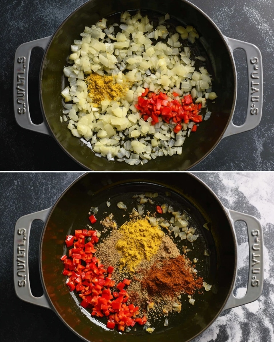 The image shows two photos of a black Staub pan with two gray handles labeled