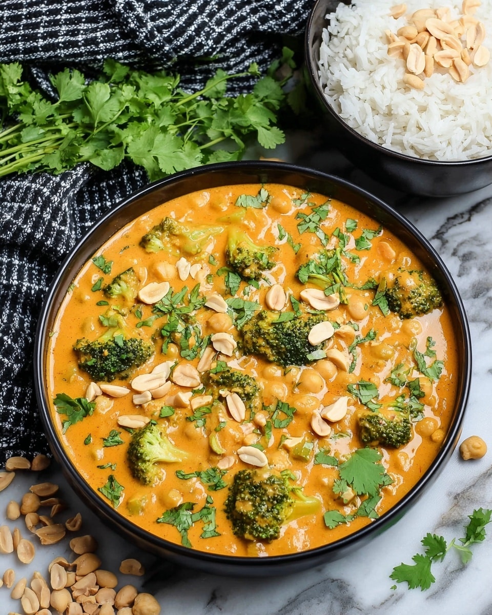 A black bowl filled with creamy orange curry that has visible pieces of green broccoli and chickpeas mixed in, topped with fresh green cilantro leaves and scattered light brown peanuts. To the upper right, a white bowl holds fluffy white rice, placed on a white marbled surface. Some peanuts and cilantro pieces are spread loosely around the bowl. There is a black and white checked cloth in the background. Photo taken with an iphone --ar 4:5 --v 7