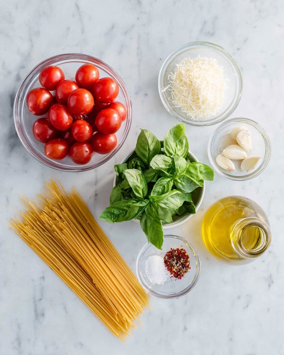 A white marbled surface holds six groups of ingredients arranged loosely. In the top left, a clear glass bowl is full of small, shiny red cherry tomatoes. Just below and a little to the right, fresh green basil leaves fill a small white bowl, showing varied leaf shapes and stems. To the right of the tomatoes is a small clear bowl filled with finely grated white cheese. Above the basil and slightly to the right, there is a thin cluster of pale yellow uncooked spaghetti, fanned out on the white marbled surface. Near the spaghetti, a small clear bowl contains white salt and red pepper flakes together. Below that, another small clear bowl holds three peeled garlic cloves. At the bottom right, a glass bottle filled with golden olive oil sits upright, catching soft light. The whole scene is clean, bright, and simple, photo taken with an iphone --ar 4:5 --v 7